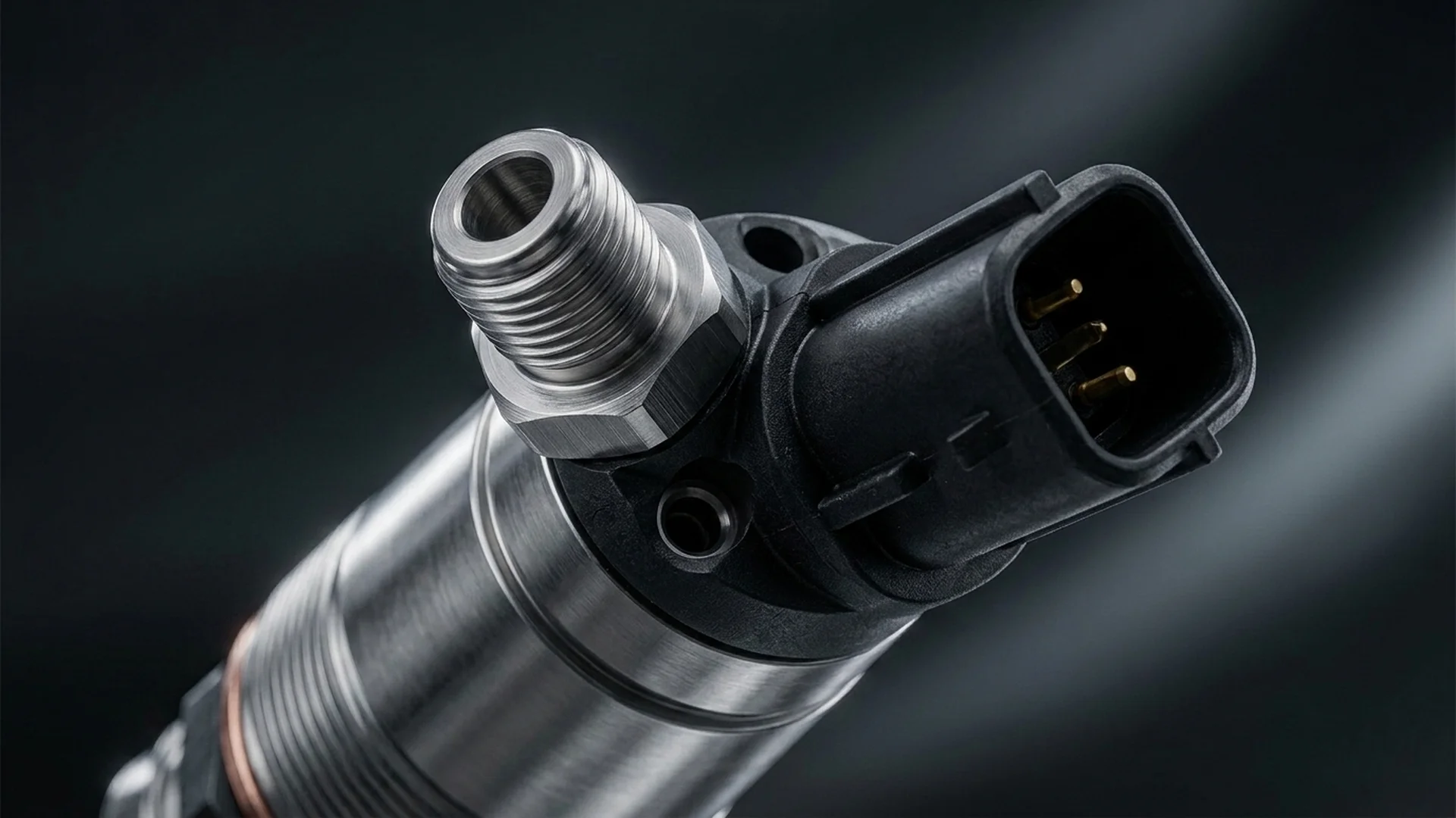 Diesel injector high pressure inlet fitting and electronic actuator wiring connector